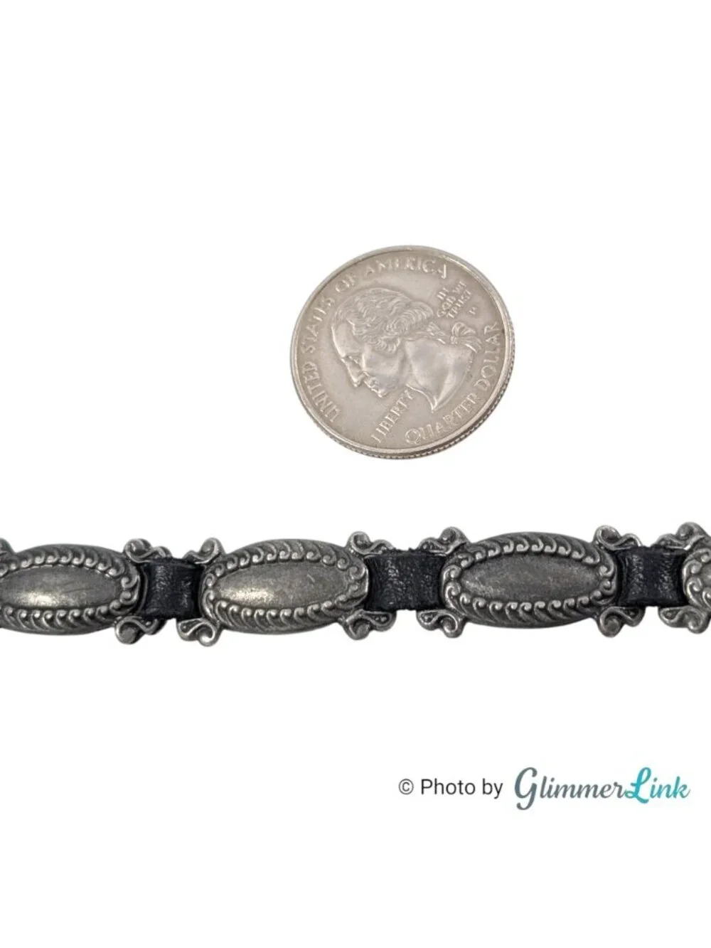 Vintage Western Concho Link Bracelet Black Leather Silver Tone 7 Inch